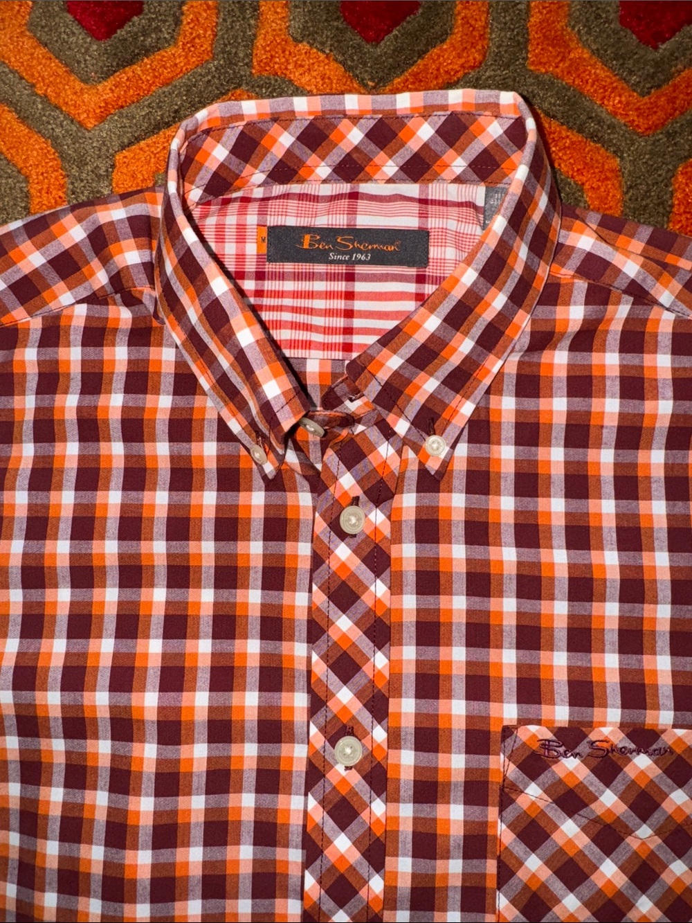 MAKE OFFER! Ben Sherman Short-Sleeve Plaid Button-Down Shirt - Orange Men's Med.